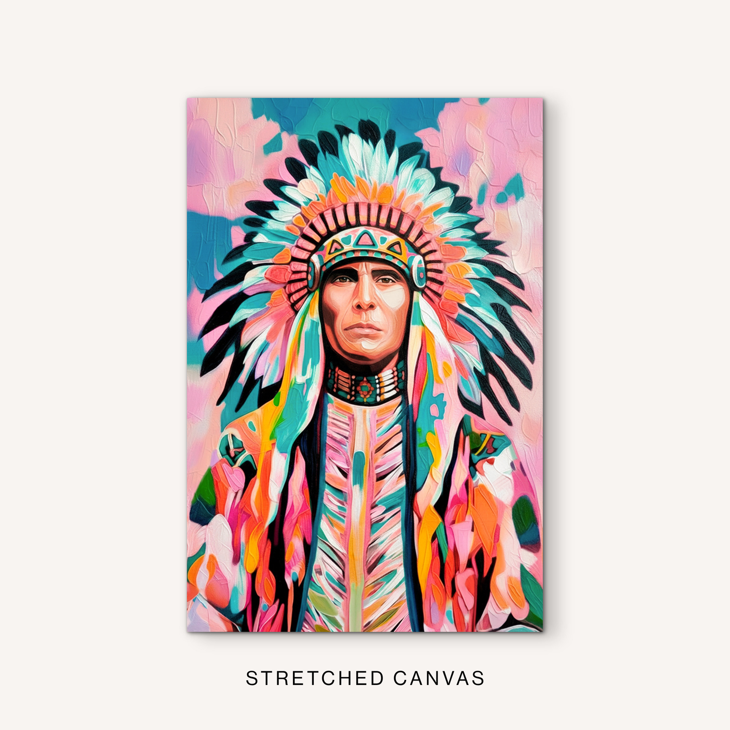 Colorful western portrait canvas art with a boho southwest feel, vibrant feather details, pink background, and turquoise accents.
