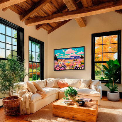 Colorful wildflower mountain landscape wall art displayed above a neutral sofa in a bright modern living room with natural light