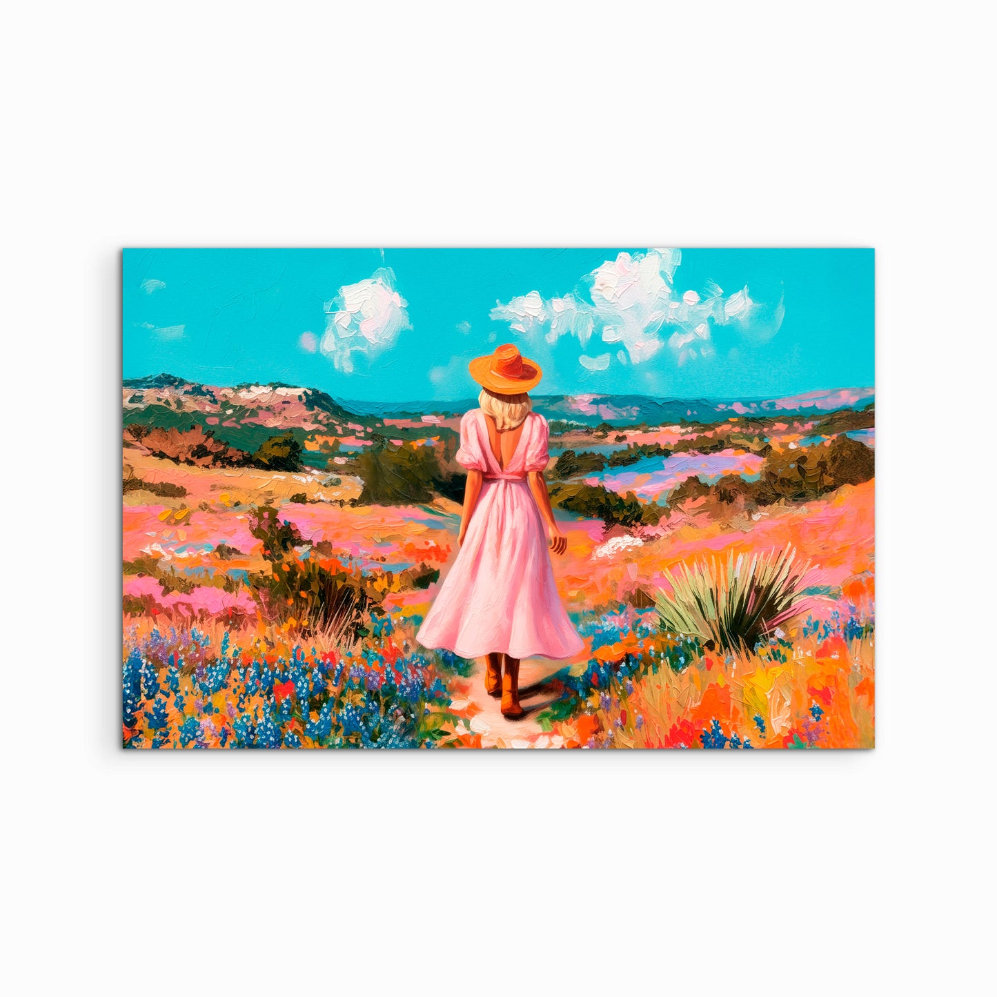 Colorful western wildflower landscape art print featuring a cowgirl in a pink dress walking through a vibrant desert field