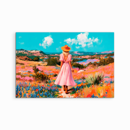 Colorful western wildflower landscape art print featuring a cowgirl in a pink dress walking through a vibrant desert field