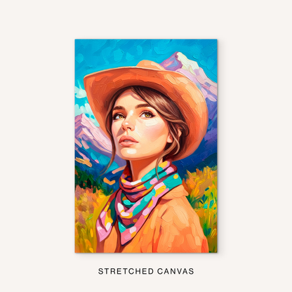 Colorful western woman canvas art with a boho cowgirl portrait, orange cowboy hat, vibrant scarf, and mountain meadow background.