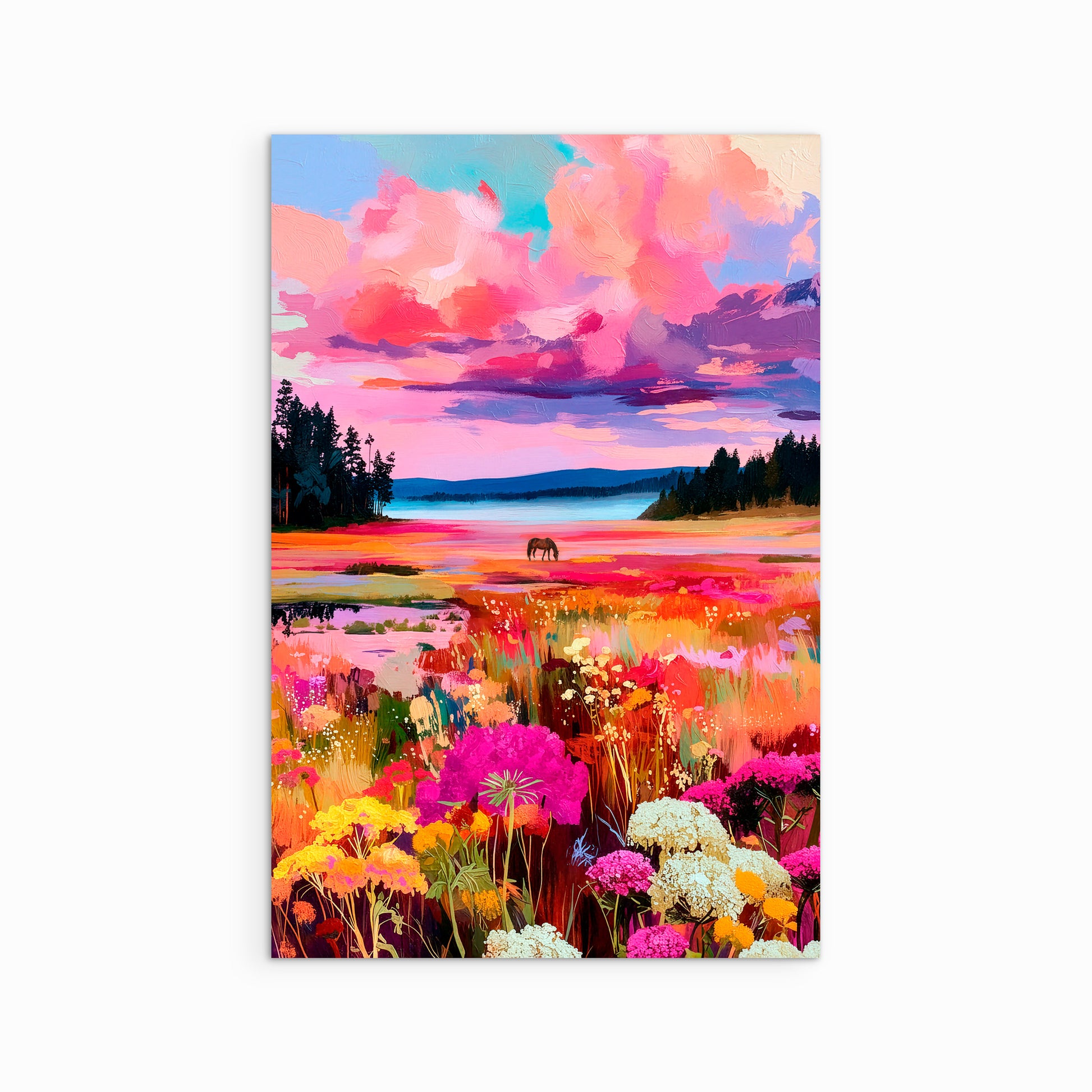 Colorful western landscape art print with wildflowers, a glowing sky, and a horse near a peaceful lake