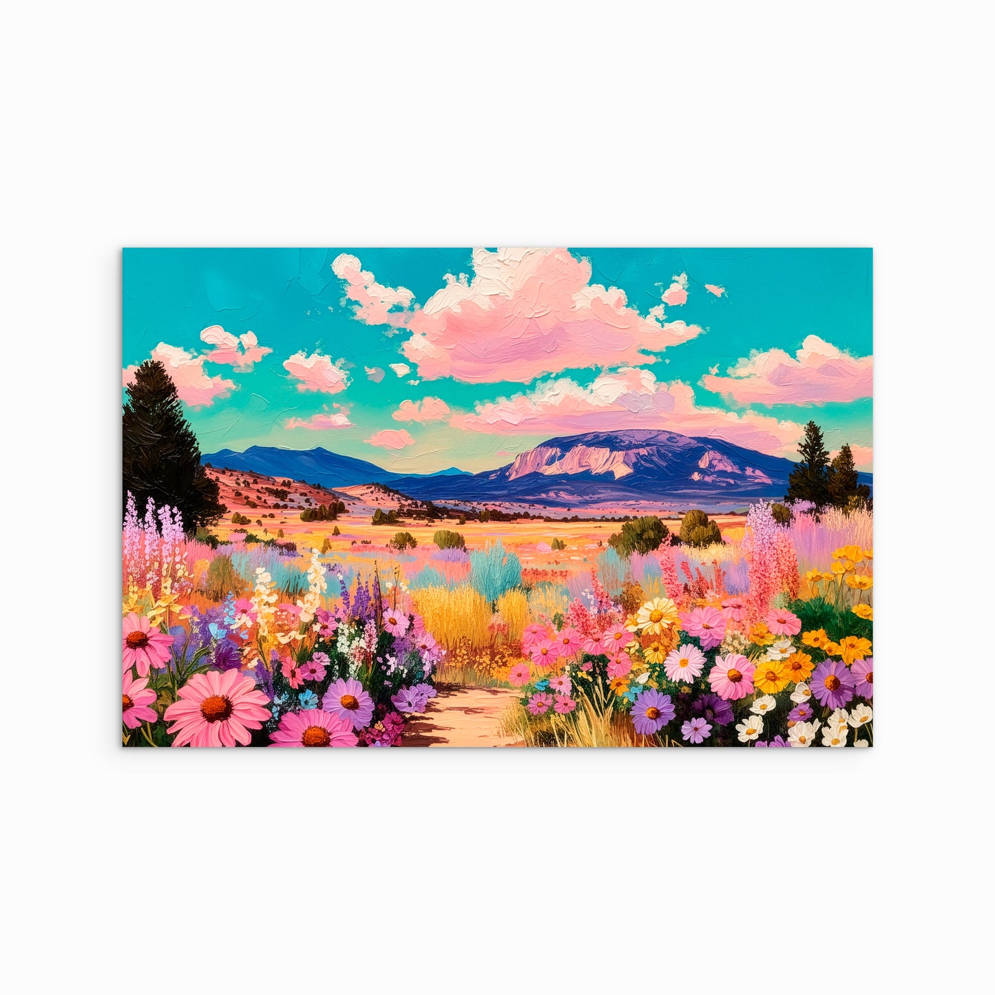 Colorful western wildflower landscape art print with a mountain view, vibrant flowers, and a turquoise sky with pink clouds