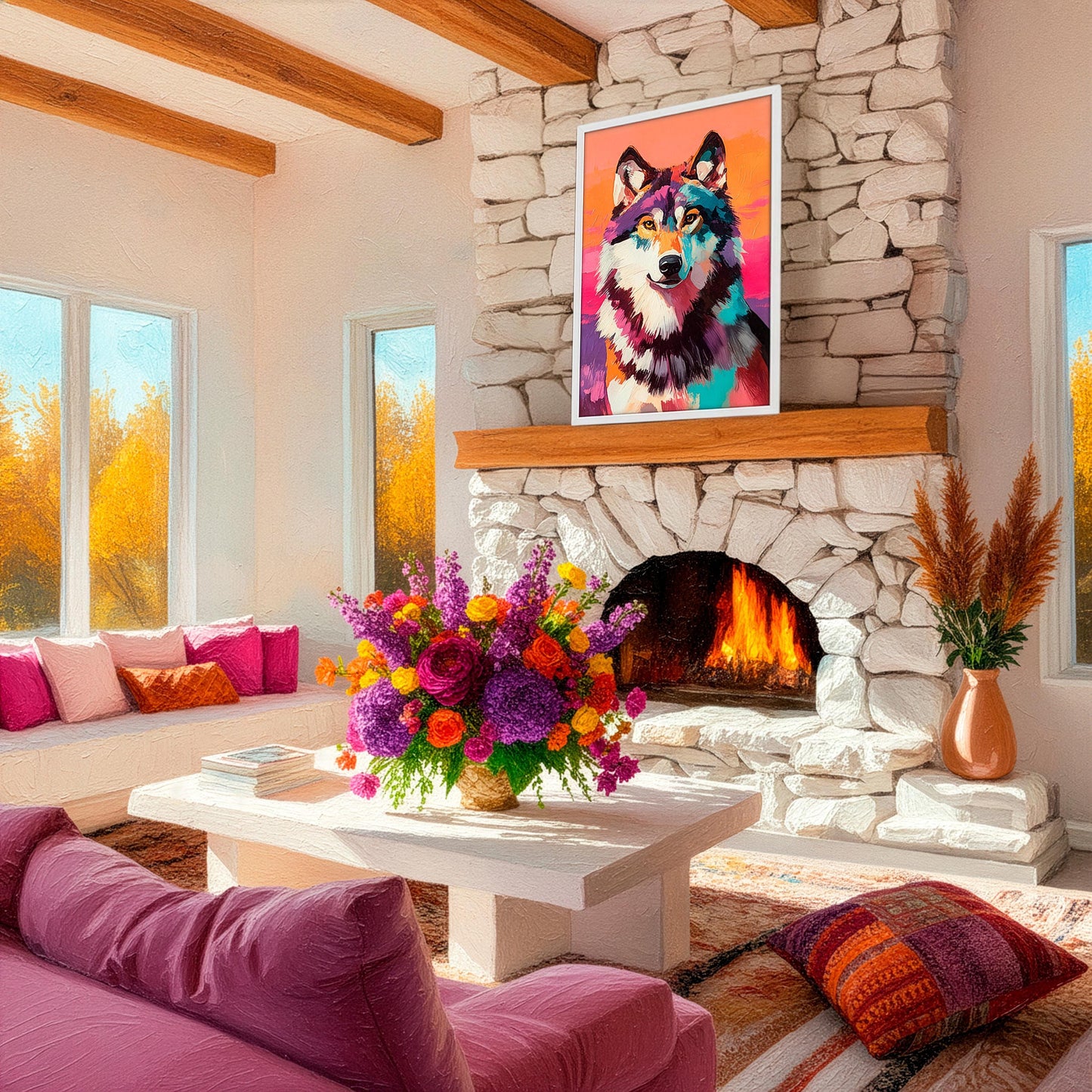 Colorful wolf painting displayed above a stone fireplace in a warm, cozy living room with southwestern decor and natural textures