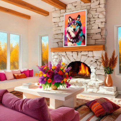 Colorful wolf painting displayed above a stone fireplace in a warm, cozy living room with southwestern decor and natural textures