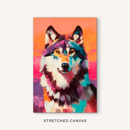 Colorful wolf canvas art with boho western wildlife style, bright desert-inspired colors, painterly texture, and ranch house decor energy.