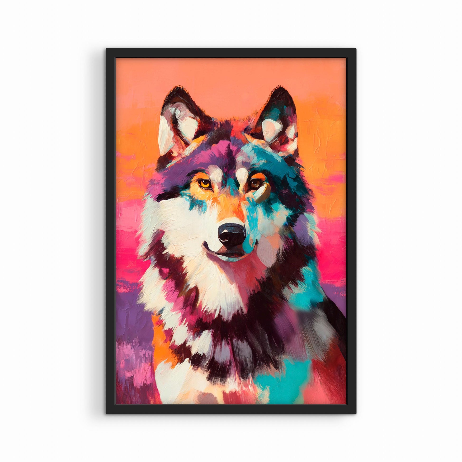 Colorful wolf painting in black frame, bold statement wildlife art with vibrant colors and modern style