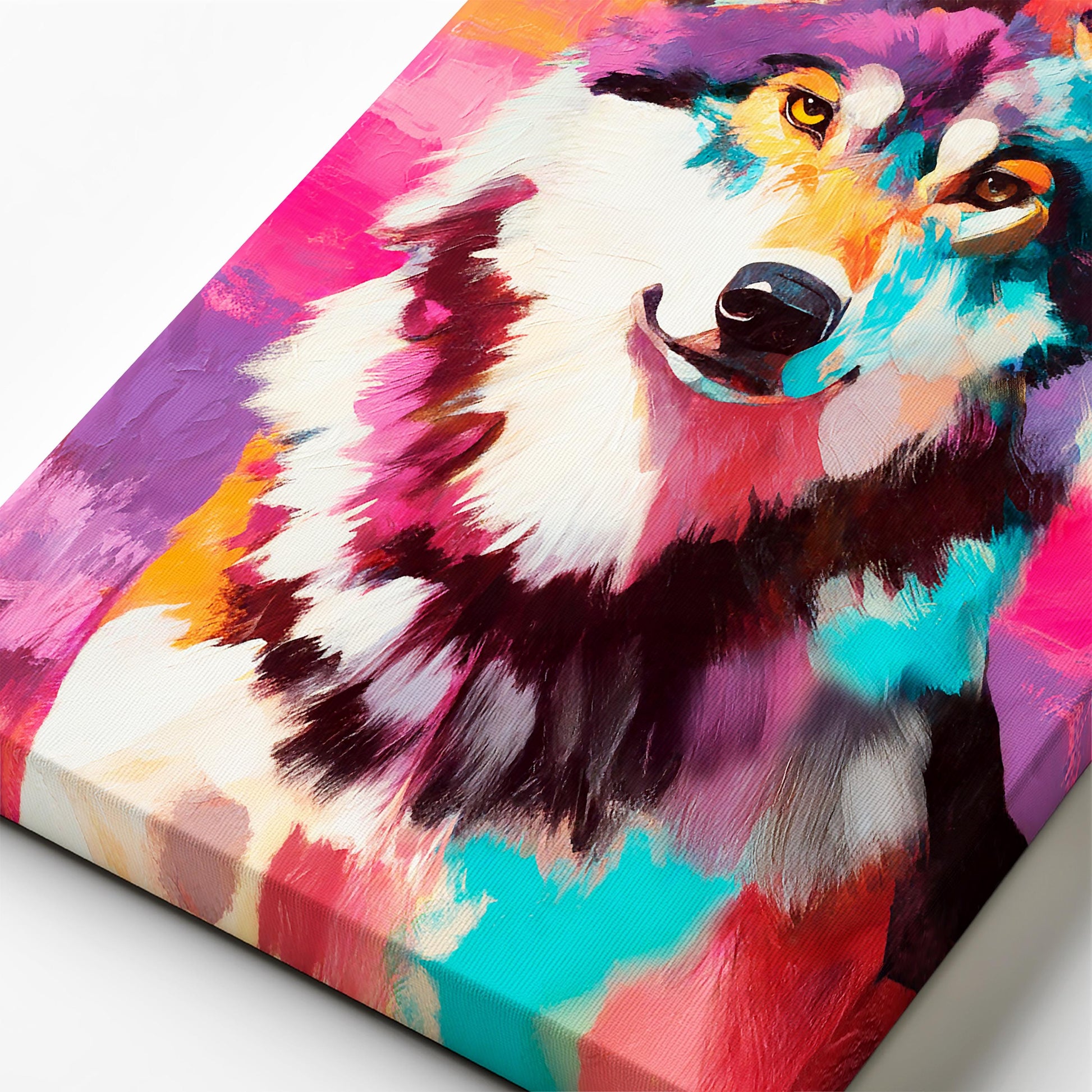Close-up of colorful wolf painting showing thick acrylic brushstrokes, textured canvas detail, and vibrant layered colors