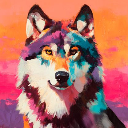 Colorful wolf portrait painting in vibrant pink, orange, and turquoise tones, expressive wildlife art with bold brushstrokes and modern western style