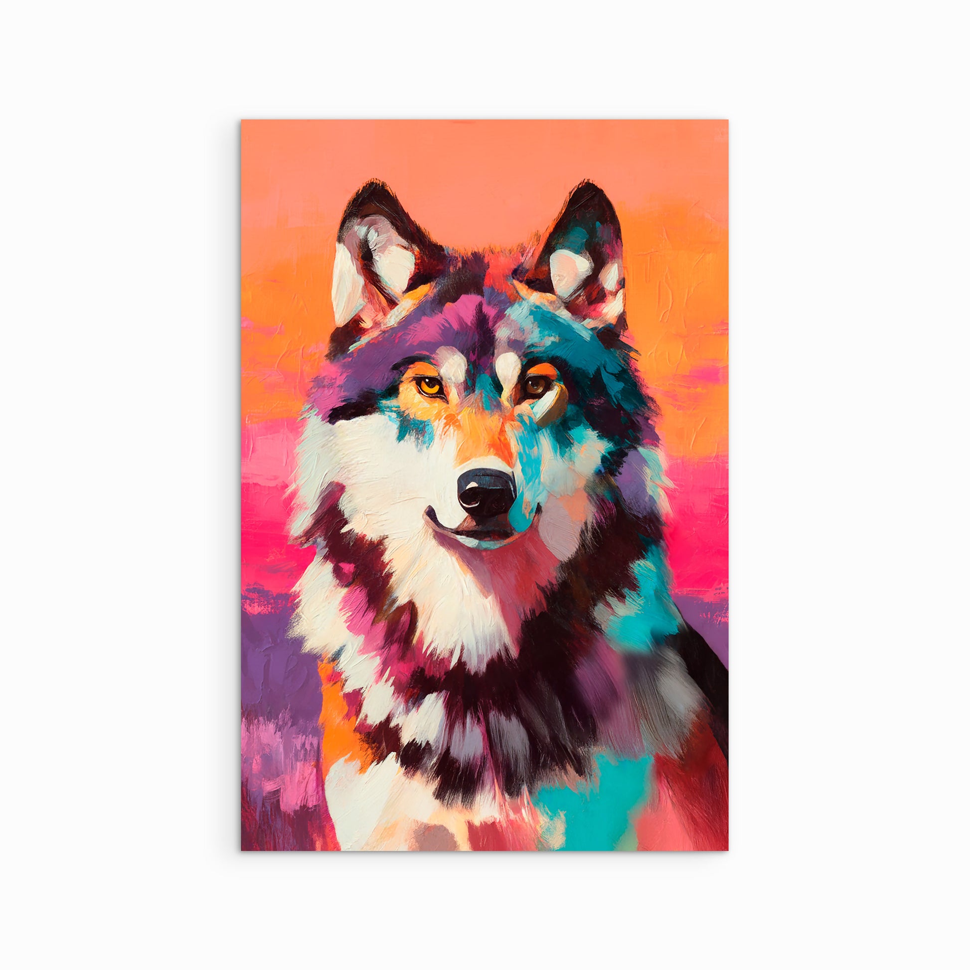 Colorful wolf portrait art print with vibrant pink, orange, and teal tones in a modern western style