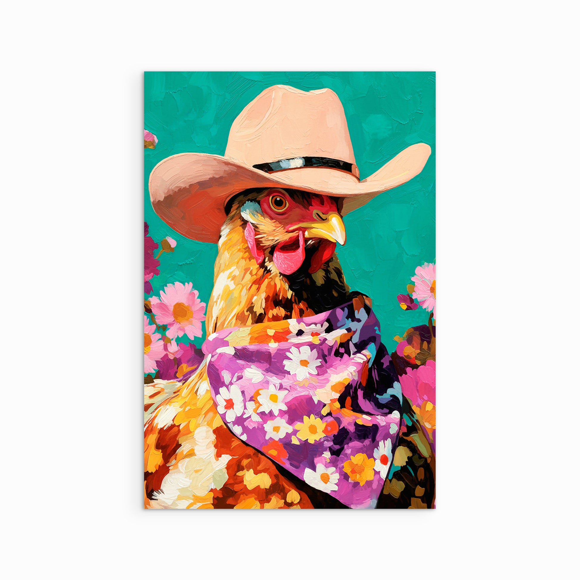 Colorful chicken wearing a cowboy hat and floral bandana in a playful modern western art style