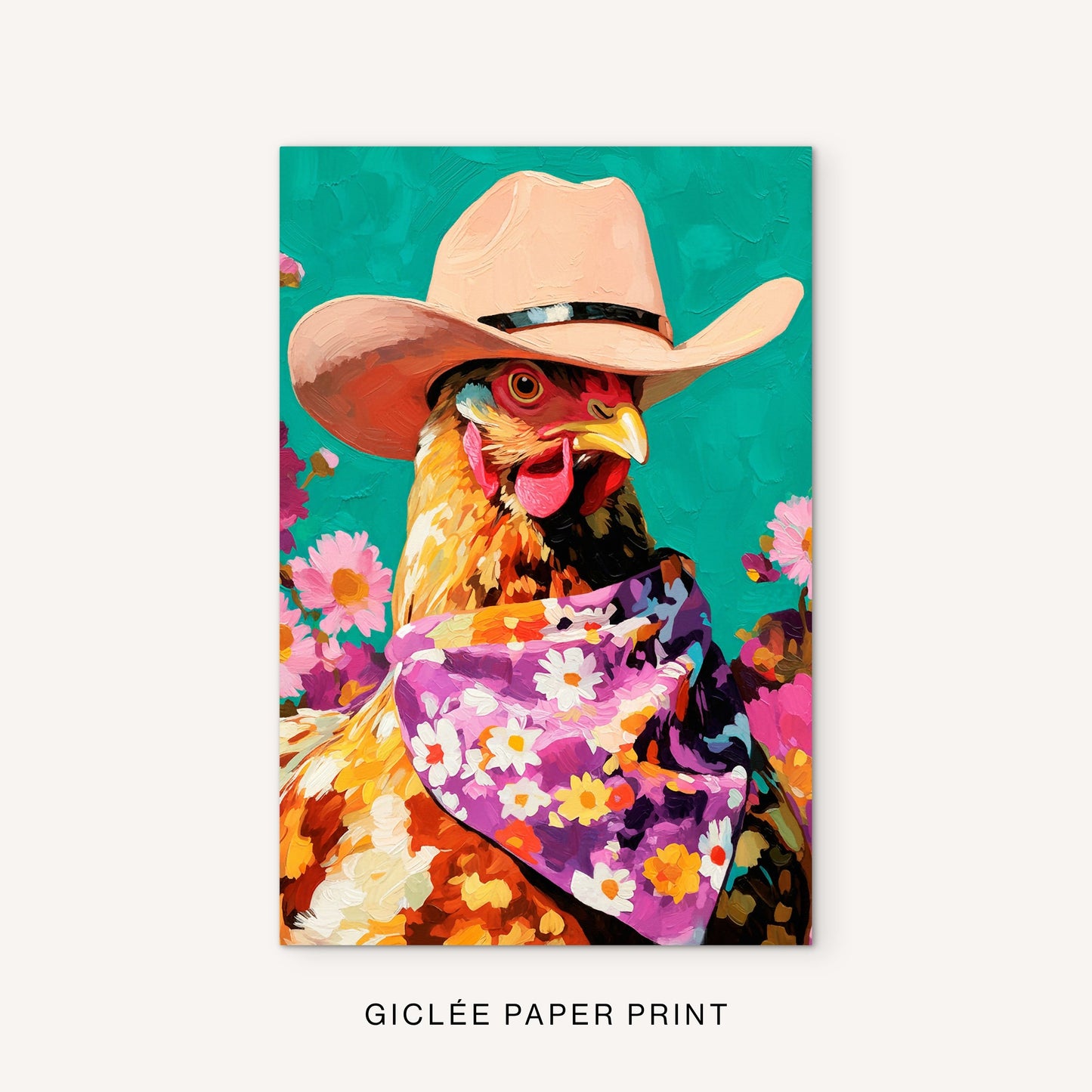 Cowboy chicken giclée print featuring a colorful hen portrait, white western hat, purple floral bandana, and bright farmhouse ranch details.