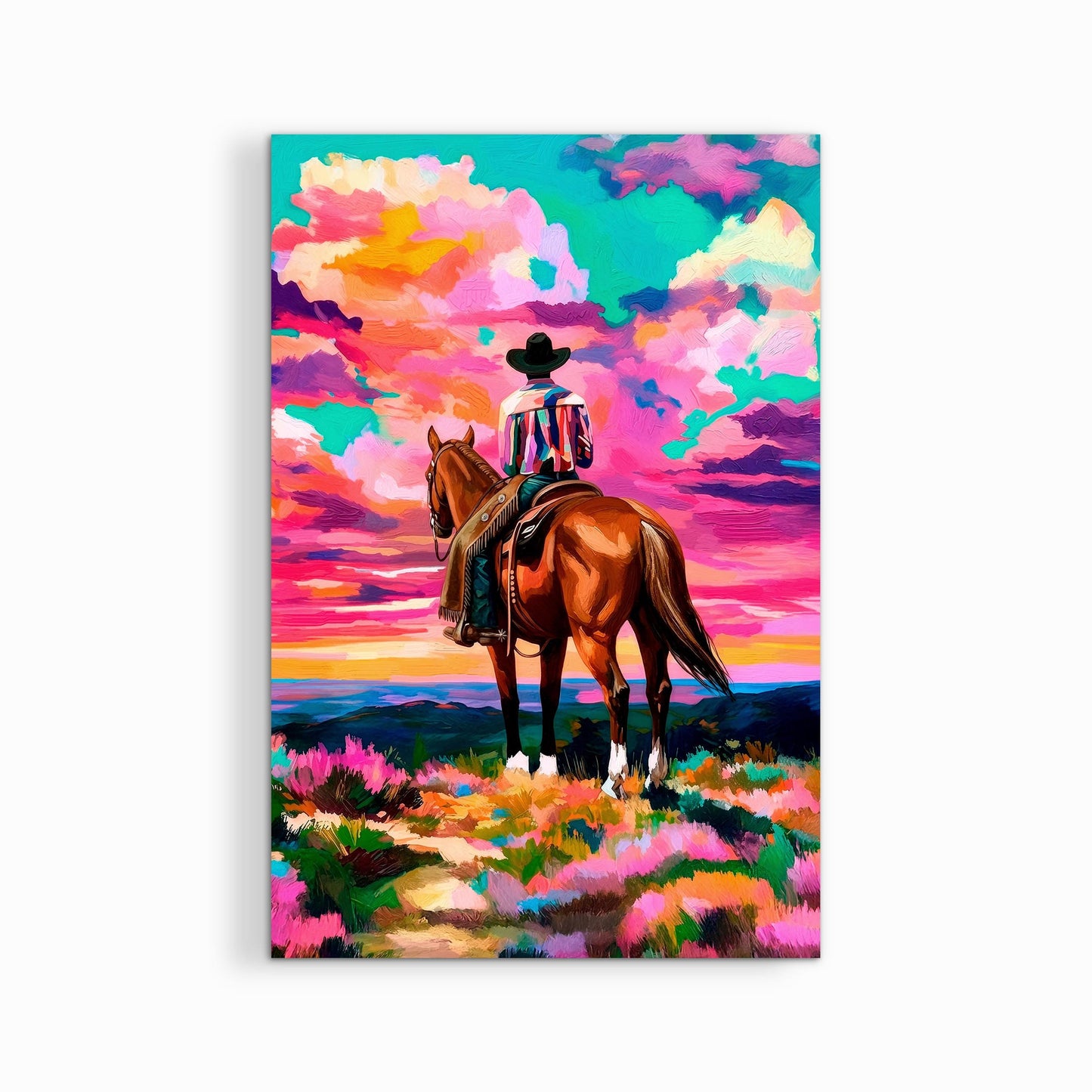 Cowboy on horseback western artwork printed on canvas with clean white background, colorful sunset landscape wall art