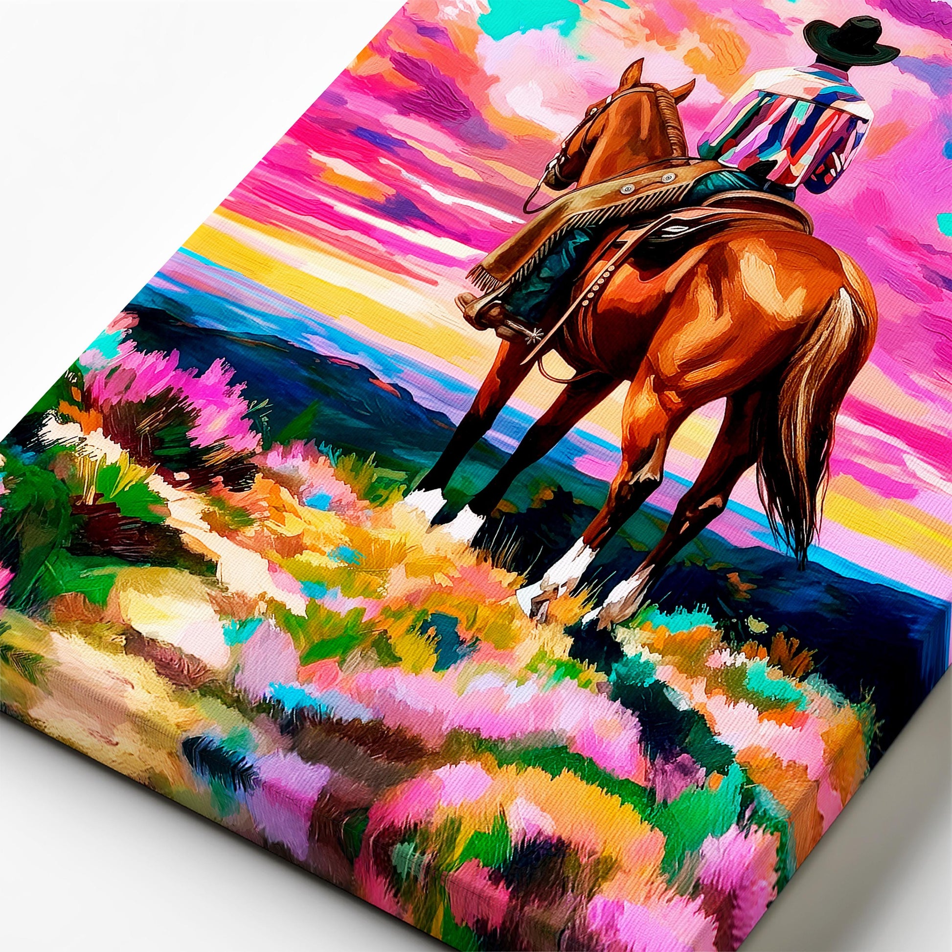 Close-up of textured brushstrokes in colorful western cowboy and horse painting with vibrant pink sunset sky