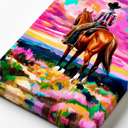 Close-up of textured brushstrokes in colorful western cowboy and horse painting with vibrant pink sunset sky
