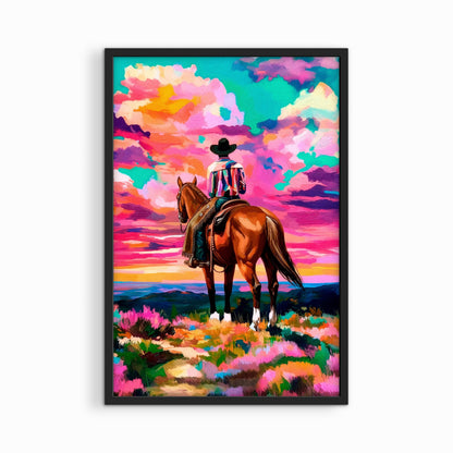 Bold western cowboy and horse artwork in black frame, colorful sunset landscape wall art for modern rustic interiors