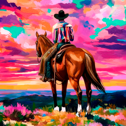 Cowboy riding a horse beneath a vibrant pink and colorful sunset sky, western landscape art with bold desert tones