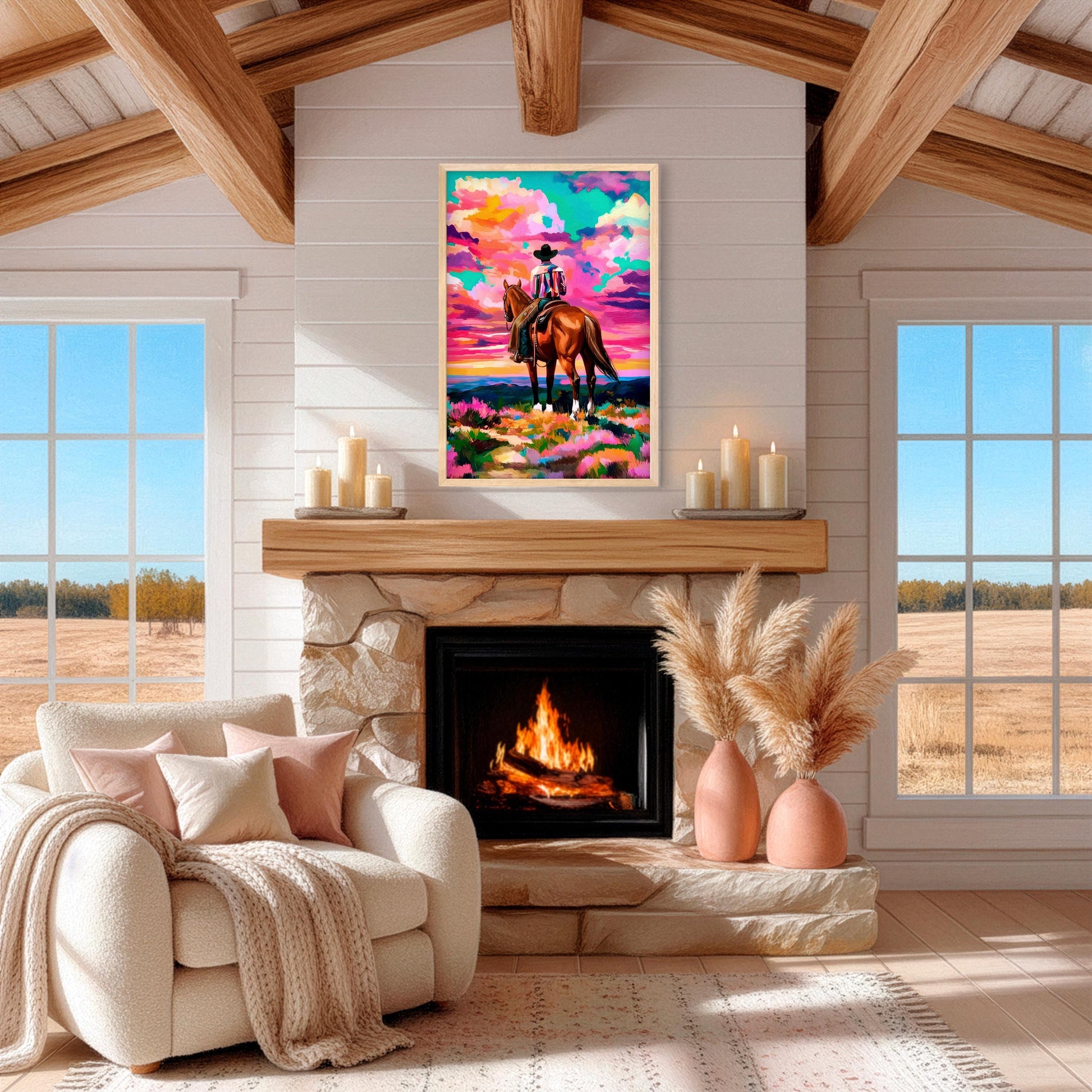 Colorful cowboy horse artwork displayed above a fireplace, western sunset wall art for warm rustic home decor
