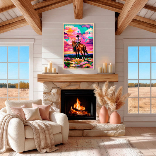 Colorful cowboy horse artwork displayed above a fireplace, western sunset wall art for warm rustic home decor