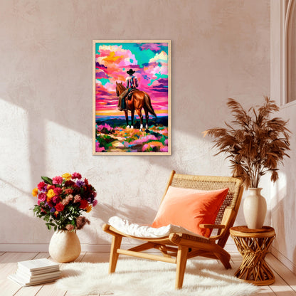 Western cowboy on horseback artwork styled in a soft neutral living space, colorful sunset landscape art with pink sky
