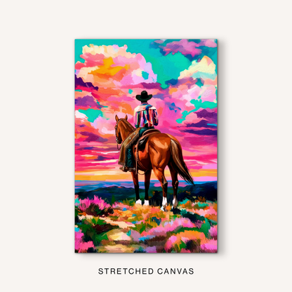 Cowboy horse canvas art with boho western style, a rider overlooking the mountains, colorful sky, and vibrant ranch landscape colors.