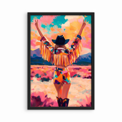 Colorful cowgirl western wall art in black frame, bold modern western decor artwork