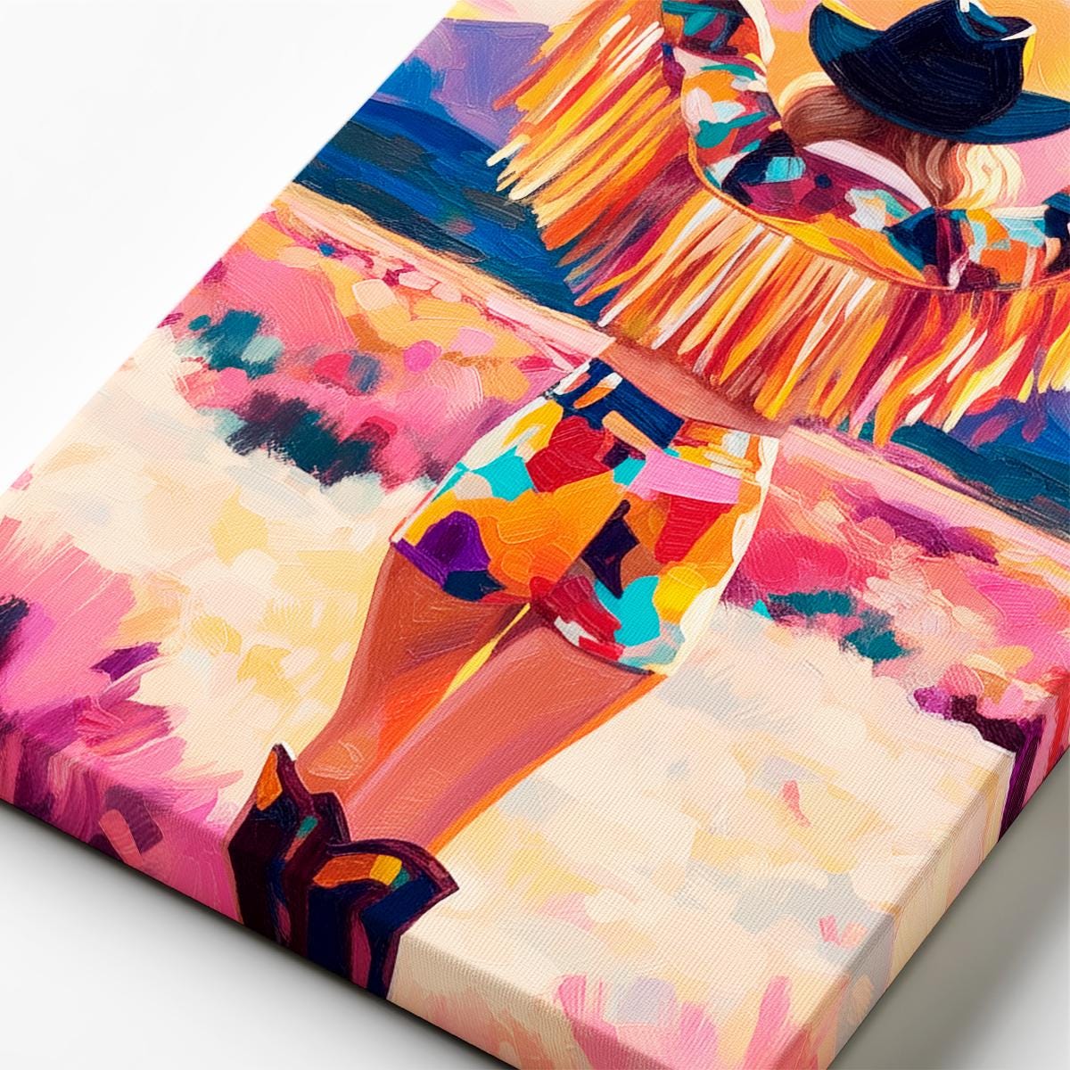Close up canvas texture of colorful cowgirl western painting showing brushstrokes and acrylic detail