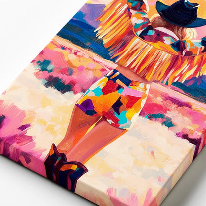 Close up canvas texture of colorful cowgirl western painting showing brushstrokes and acrylic detail