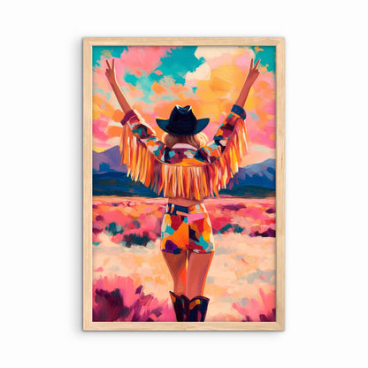 Colorful cowgirl western wall art in natural wood frame, modern western home decor artwork