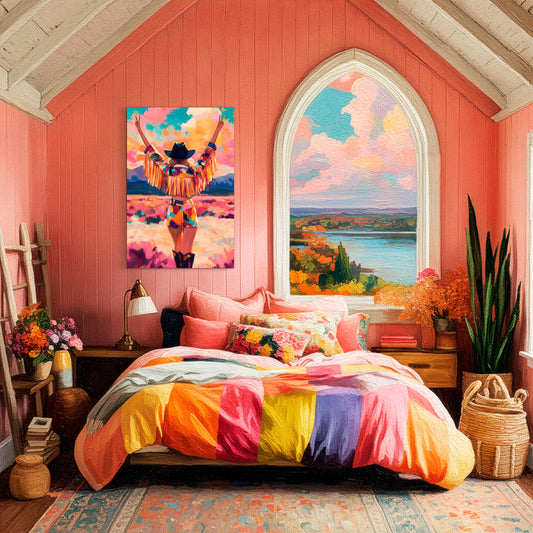 Colorful cowgirl art print in boho western bedroom decor with vibrant bedding and desert-inspired interior styling
