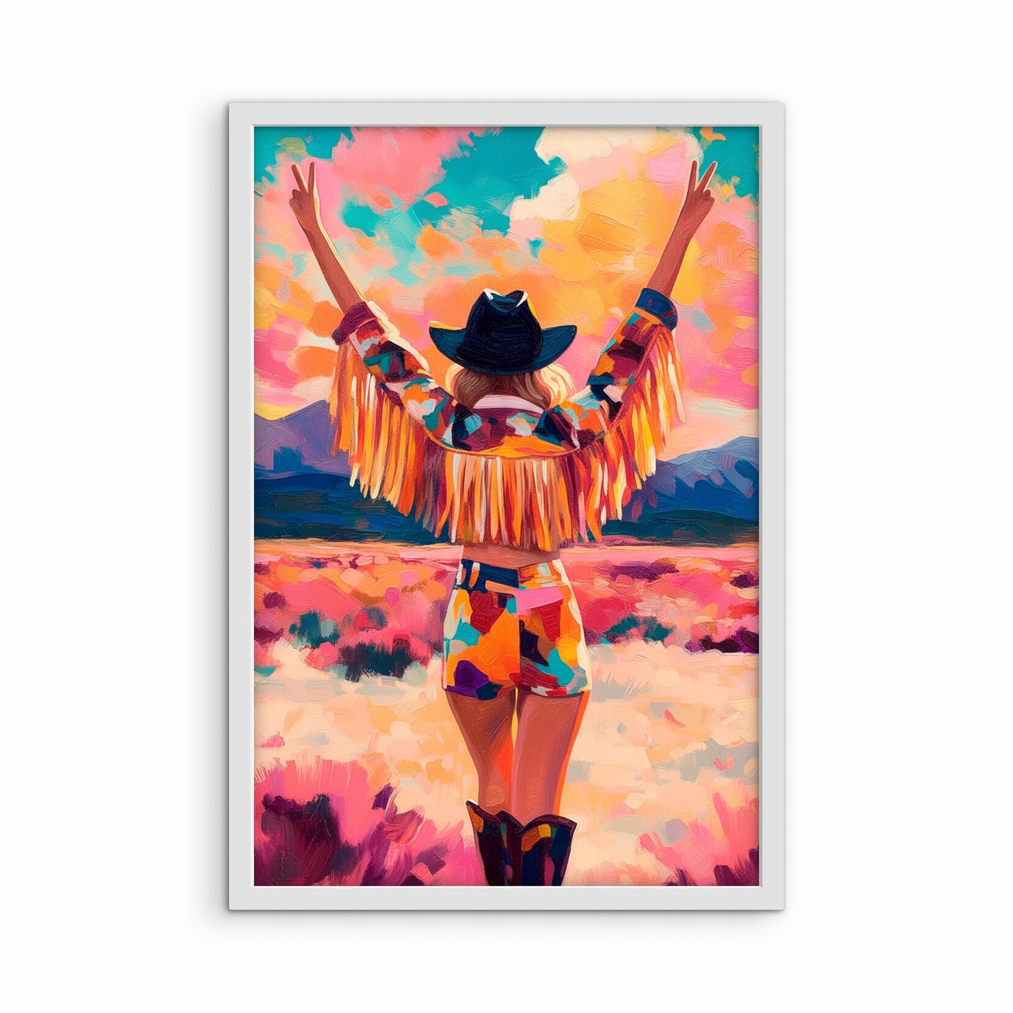 Colorful cowgirl western wall art in white frame, bright modern boho western home decor