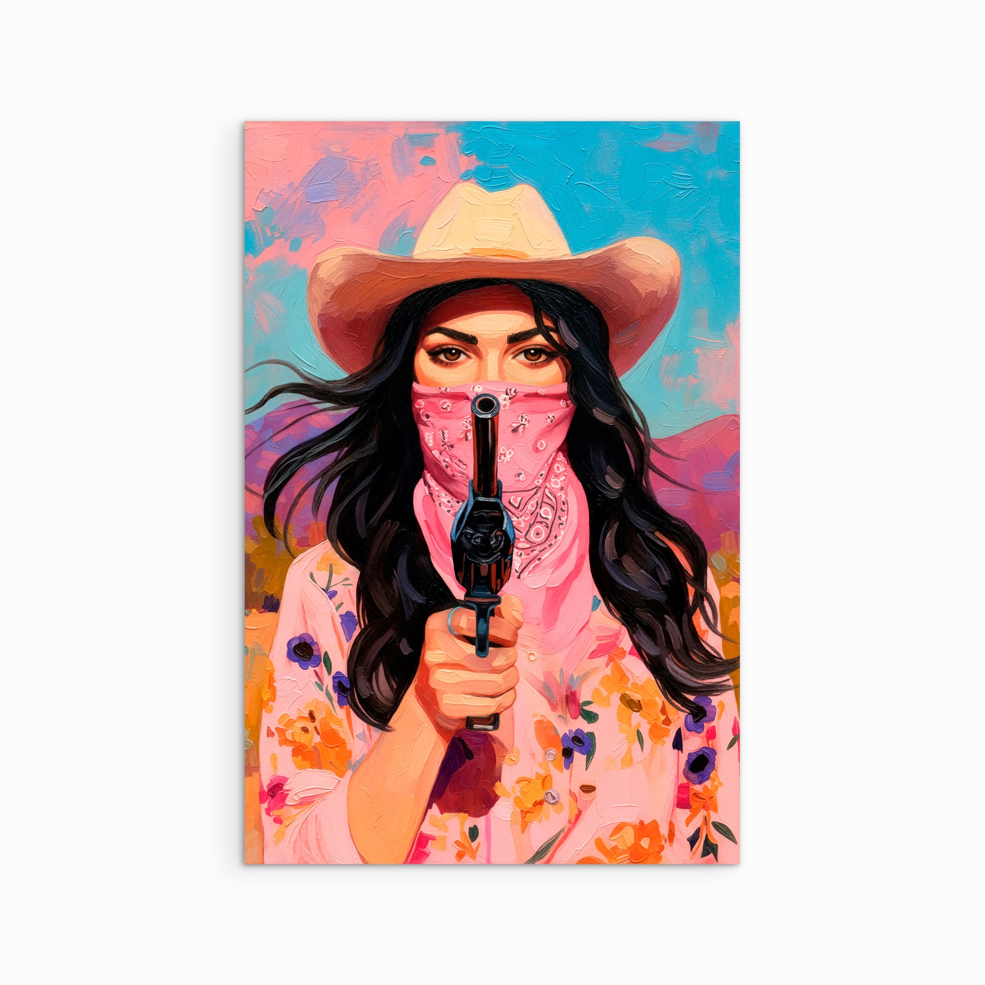 Colorful cowgirl portrait wearing a pink bandana and hat holding a revolver in a bold modern western art style