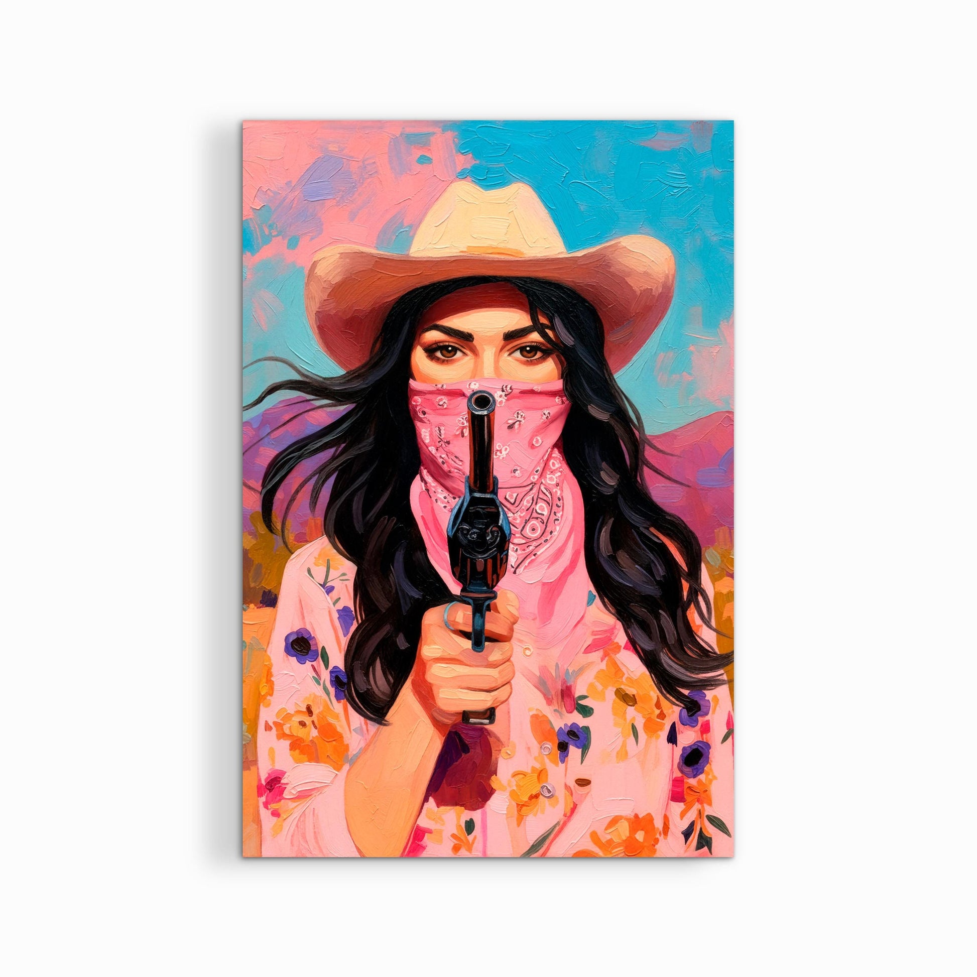 Cowgirl bandit artwork printed on canvas with clean white background, pink western woman wall art