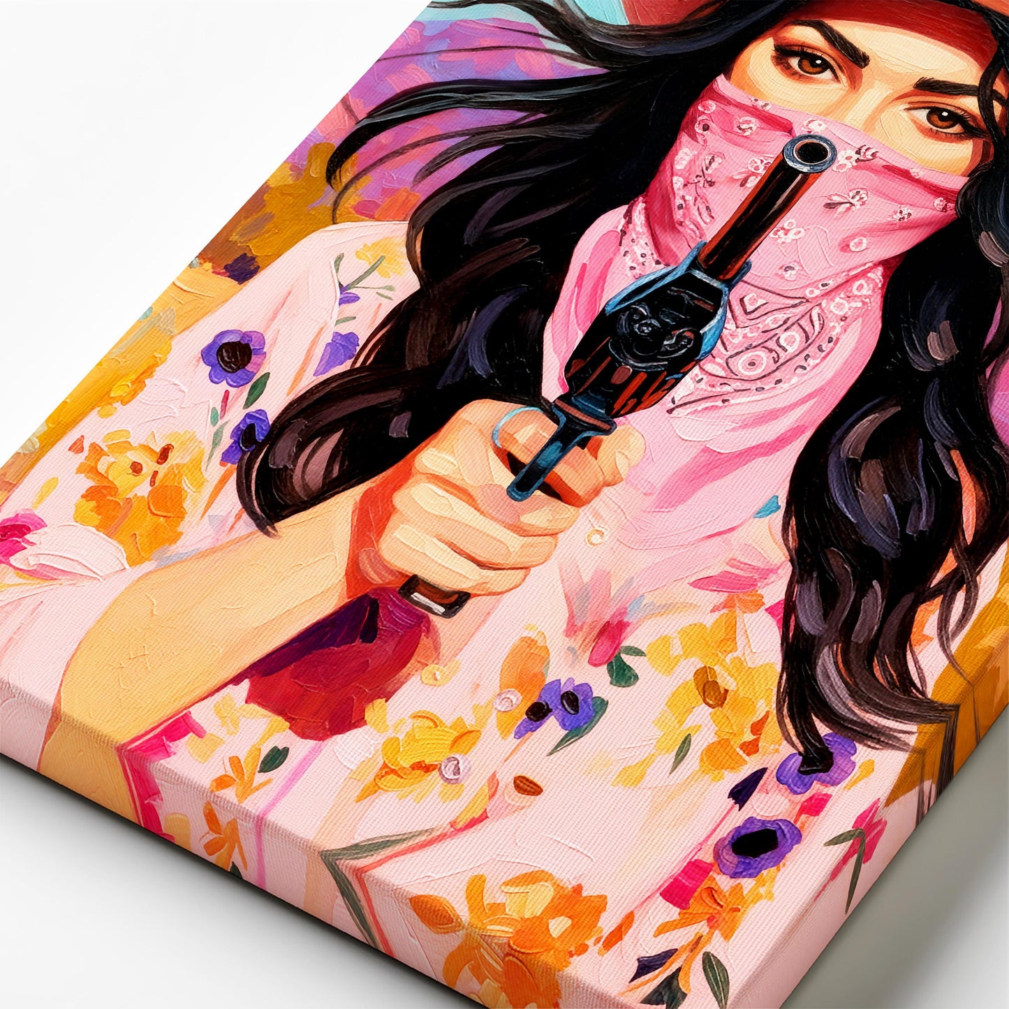 Close-up of textured brushstrokes in colorful cowgirl bandit painting with pink tones and western styling