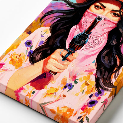 Close-up of textured brushstrokes in colorful cowgirl bandit painting with pink tones and western styling