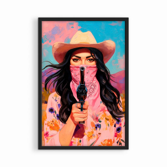 Striking cowgirl bandit wall art in black frame, colorful western woman artwork with bold pink accents
