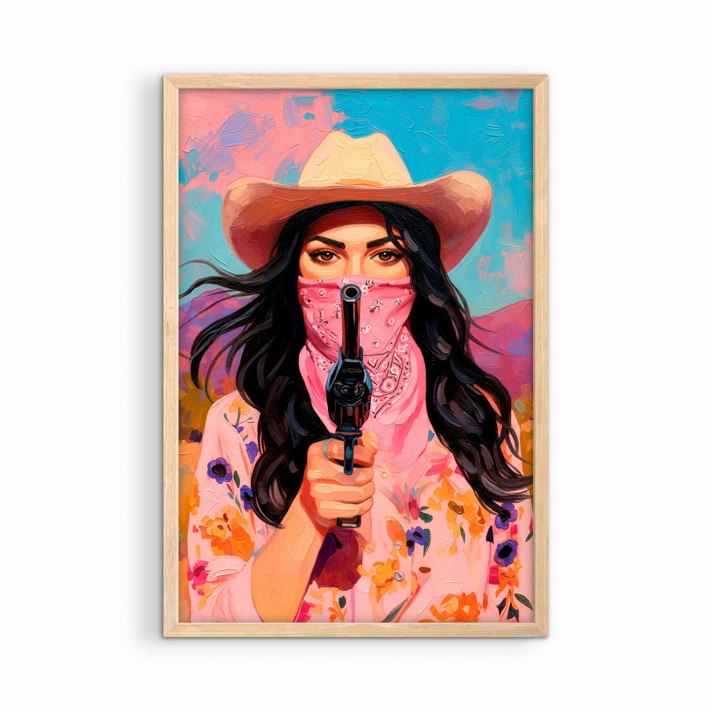 Bold cowgirl bandit portrait in natural wood frame, colorful western wall art for rustic home decor