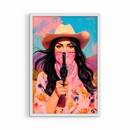 Feminine cowgirl bandit artwork in white frame, bright pink western wall art with modern desert tones