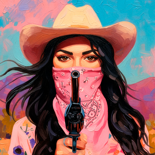 Bold cowgirl bandit portrait with pink bandana and revolver, colorful western woman wall art with strong feminine energy