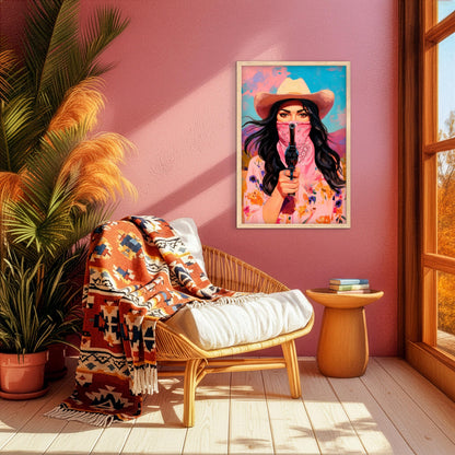 Bold western cowgirl portrait styled in a cozy reading corner, pink wall art with modern rustic decor vibe