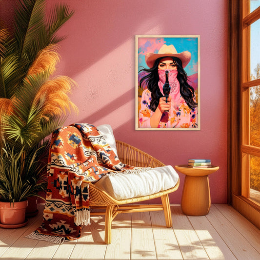 Bold western cowgirl portrait styled in a cozy reading corner, pink wall art with modern rustic decor vibe