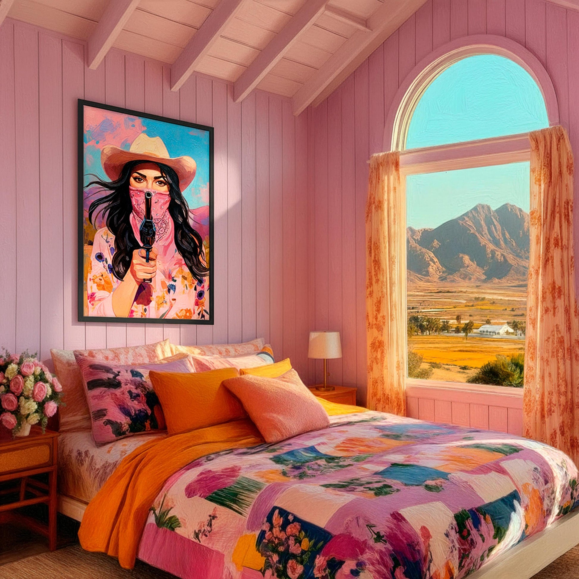 Cowgirl bandit artwork displayed in a pink bedroom, colorful western wall art with feminine desert-inspired style