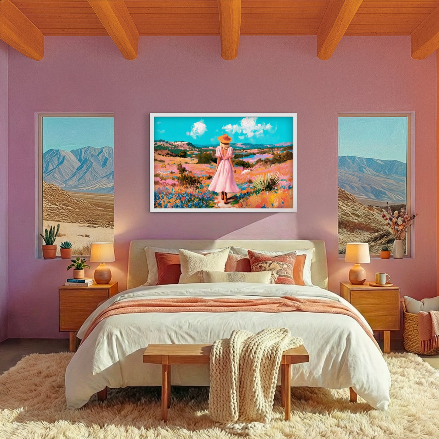 Western cowgirl artwork featuring a woman walking through colorful wildflowers, styled above a bed in a feminine southwestern bedroom.