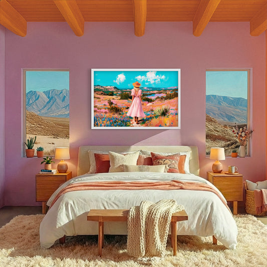 Western cowgirl artwork featuring a woman walking through colorful wildflowers, styled above a bed in a feminine southwestern bedroom.