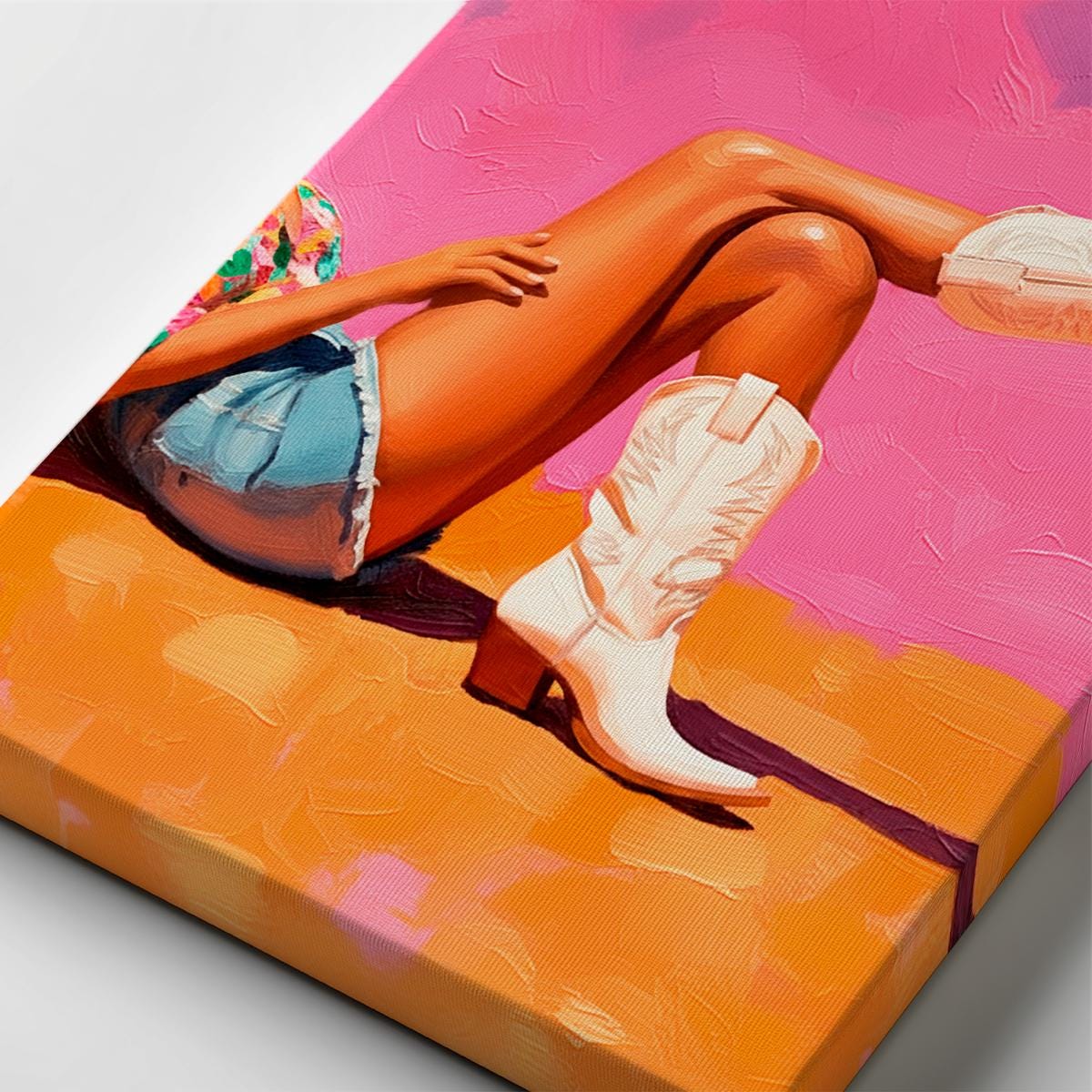 Close-up of textured brushstrokes in colorful cowgirl boot painting with vibrant pink desert sky