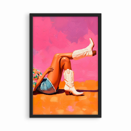 Bold cowgirl boot artwork in black frame, colorful western desert wall art with modern rustic style