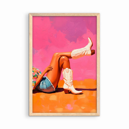 Colorful cowgirl boot artwork in natural wood frame, western desert wall art for rustic home decor