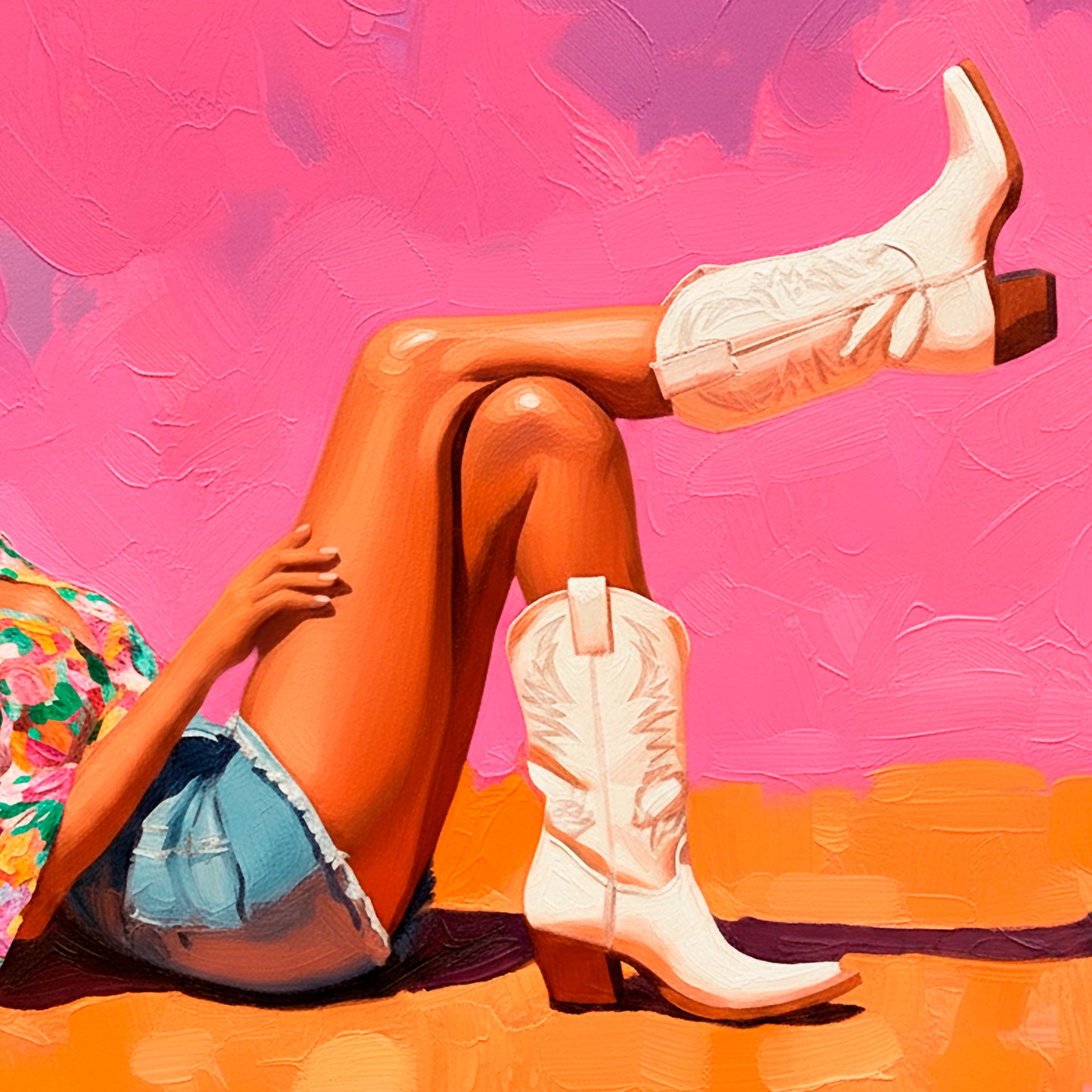 Colorful cowgirl legs in white boots against a vibrant desert sky, bold western wall art with feminine southwestern style