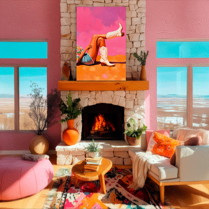 Cowgirl boot artwork displayed above a fireplace, colorful western desert wall art for cozy rustic home decor