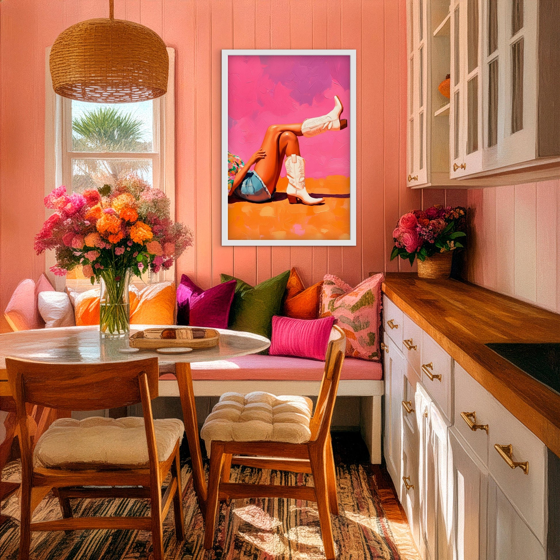 Colorful cowgirl boot wall art styled in a warm kitchen nook, feminine western decor with bold desert tones